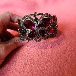 Vintage Colorful Butterfly Rhinestone Cuff Bracelet Hinge Wide Missing 2 Stones